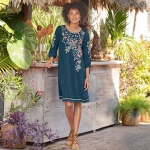 Johnny Was NWT sold out Arvy Dress in teal with colorful embroidered flo…